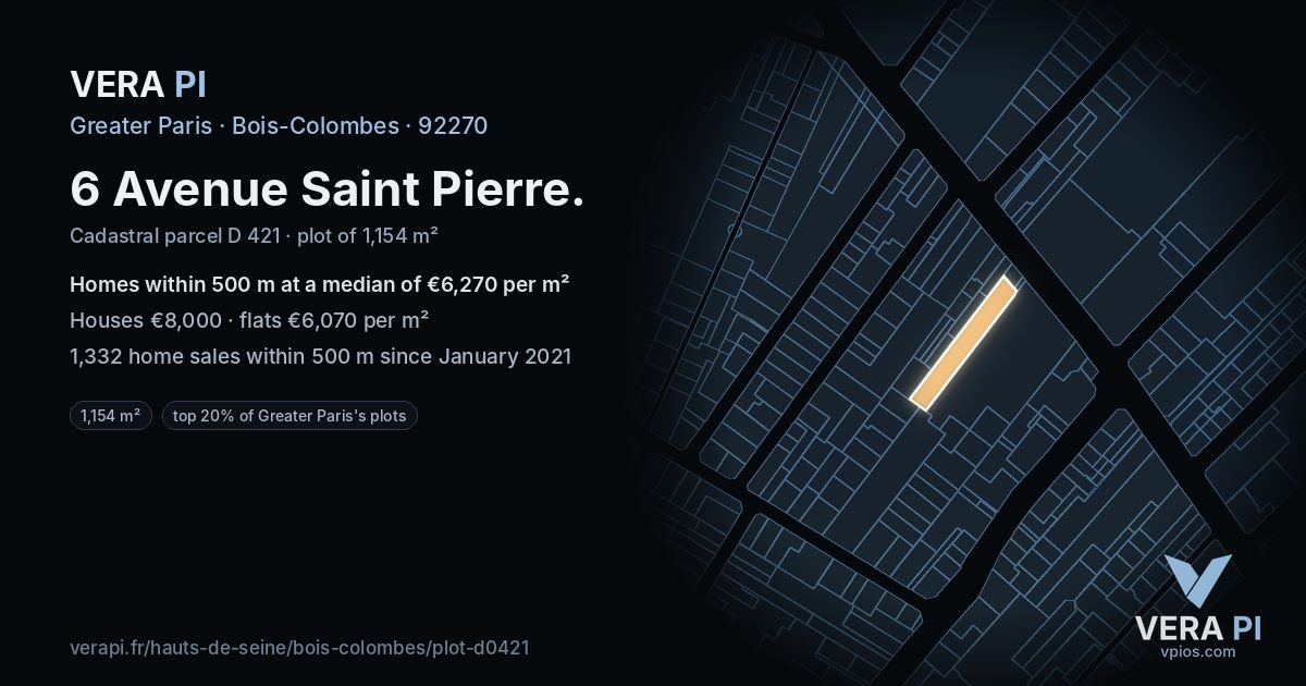 6 Avenue Saint Pierre, Bois-Colombes at night – the plot lit, the parcels around coloured by the prices near them