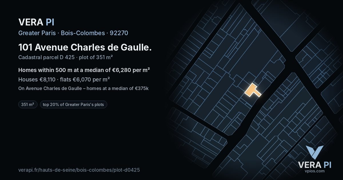 101 Avenue Charles de Gaulle, Bois-Colombes at night – the plot lit, the parcels around coloured by the prices near them