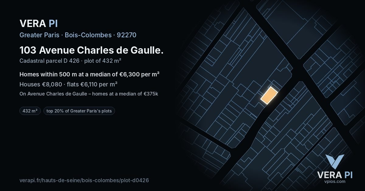 103 Avenue Charles de Gaulle, Bois-Colombes at night – the plot lit, the parcels around coloured by the prices near them