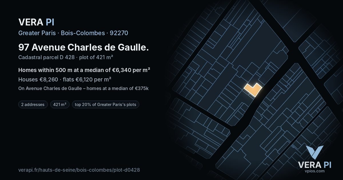 97 Avenue Charles de Gaulle, Bois-Colombes at night – the plot lit, the parcels around coloured by the prices near them