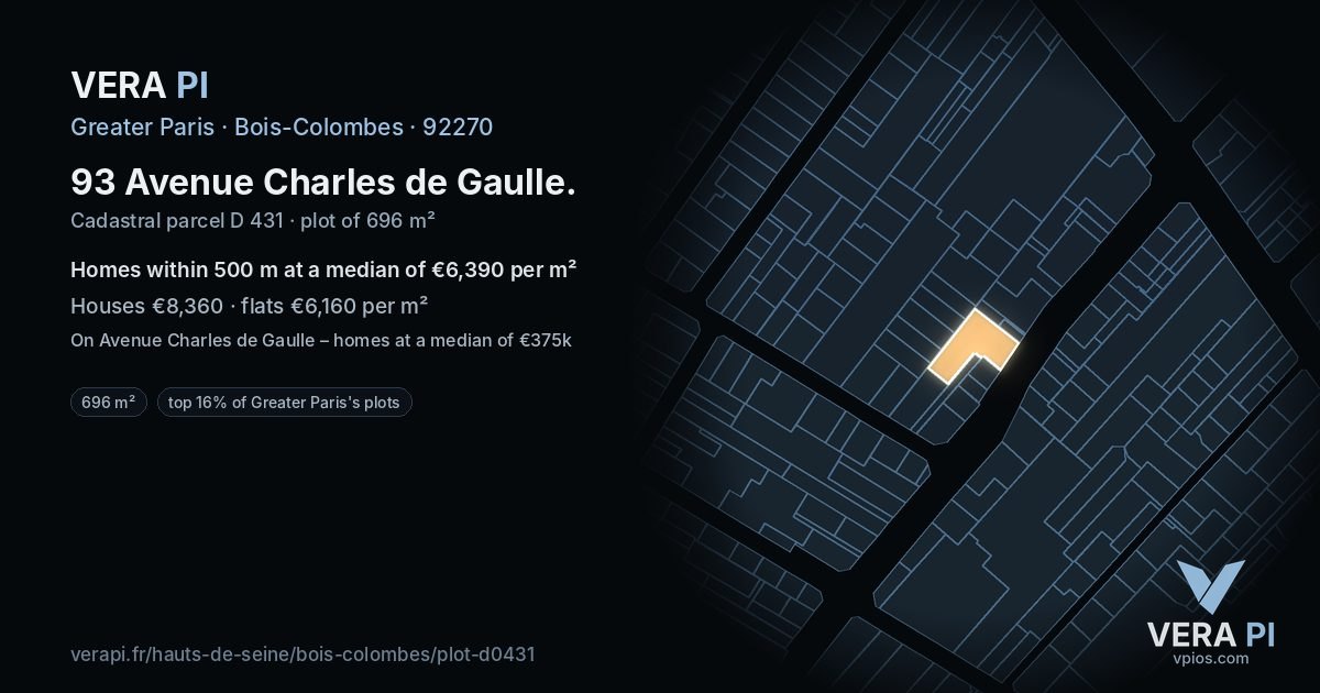 93 Avenue Charles de Gaulle, Bois-Colombes at night – the plot lit, the parcels around coloured by the prices near them