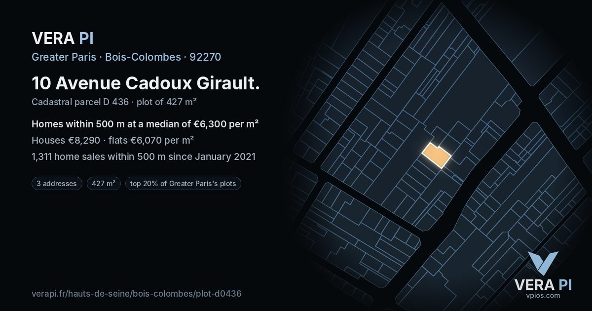 10 Avenue Cadoux Girault, Bois-Colombes at night – the plot lit, the parcels around coloured by the prices near them