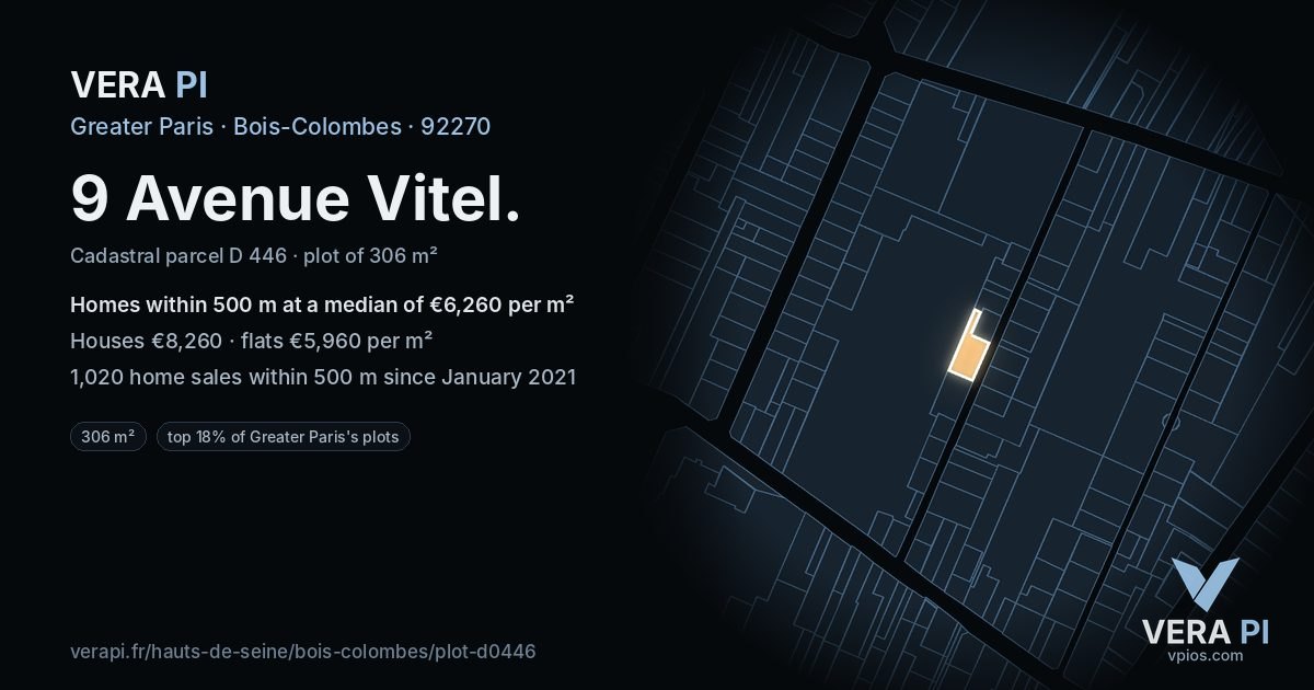 9 Avenue Vitel, Bois-Colombes at night – the plot lit, the parcels around coloured by the prices near them
