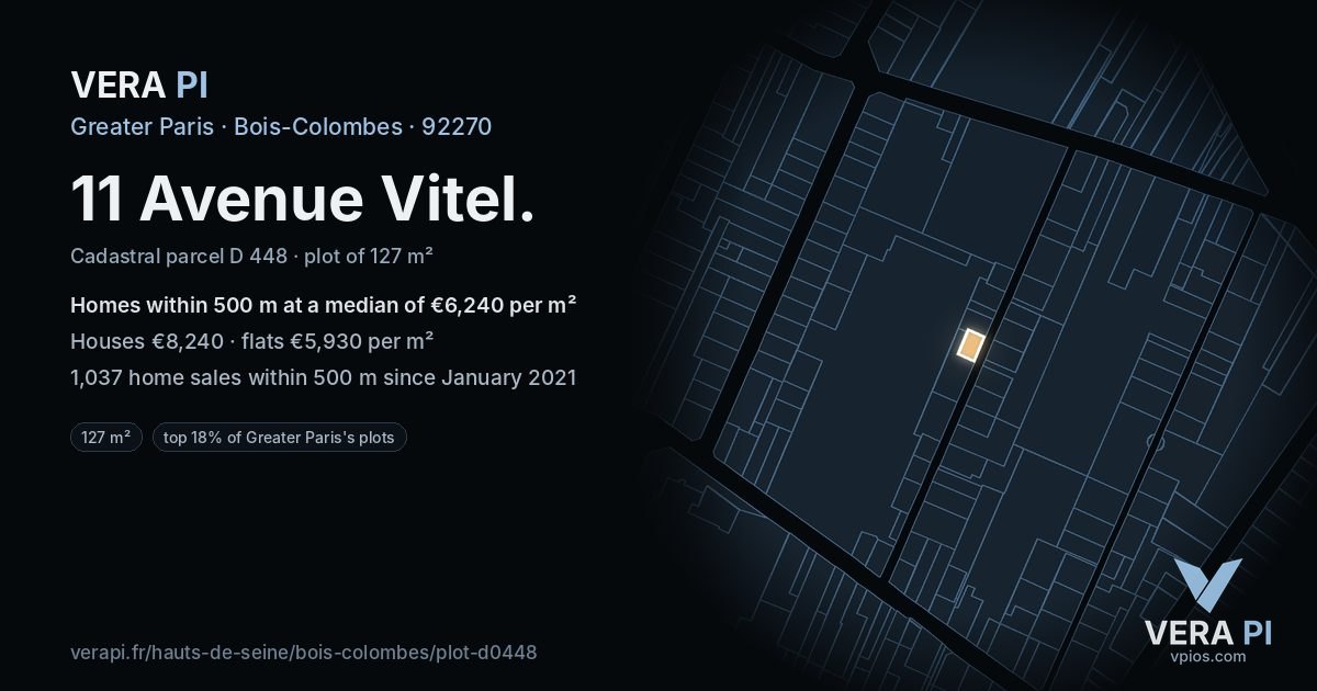 11 Avenue Vitel, Bois-Colombes at night – the plot lit, the parcels around coloured by the prices near them