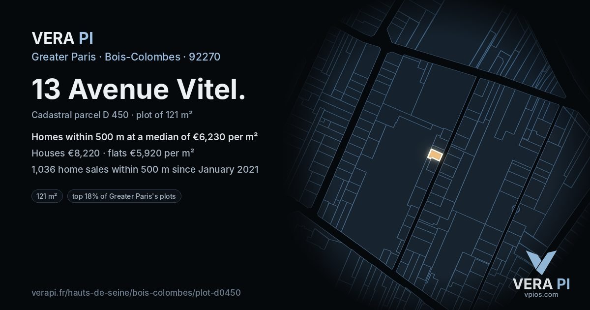 13 Avenue Vitel, Bois-Colombes at night – the plot lit, the parcels around coloured by the prices near them