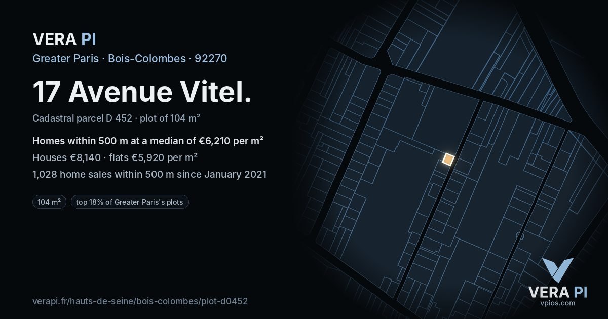 17 Avenue Vitel, Bois-Colombes at night – the plot lit, the parcels around coloured by the prices near them