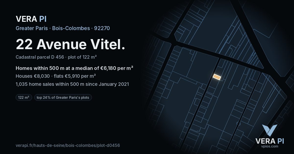22 Avenue Vitel, Bois-Colombes at night – the plot lit, the parcels around coloured by the prices near them
