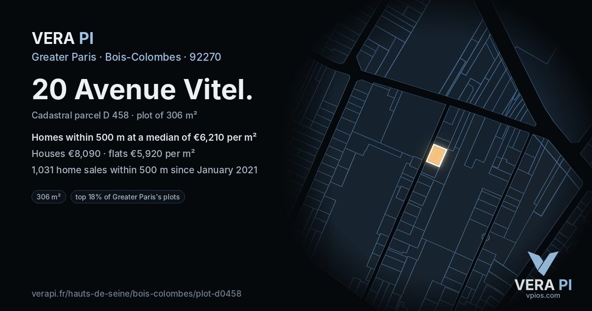 20 Avenue Vitel, Bois-Colombes at night – the plot lit, the parcels around coloured by the prices near them