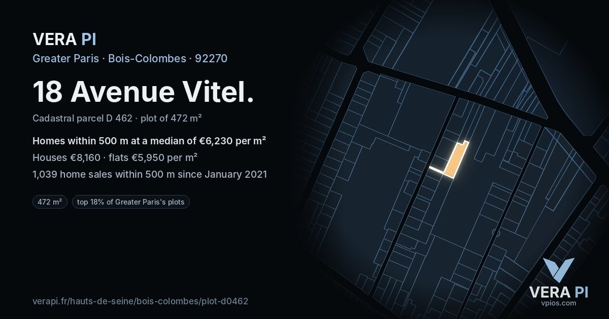 18 Avenue Vitel, Bois-Colombes at night – the plot lit, the parcels around coloured by the prices near them