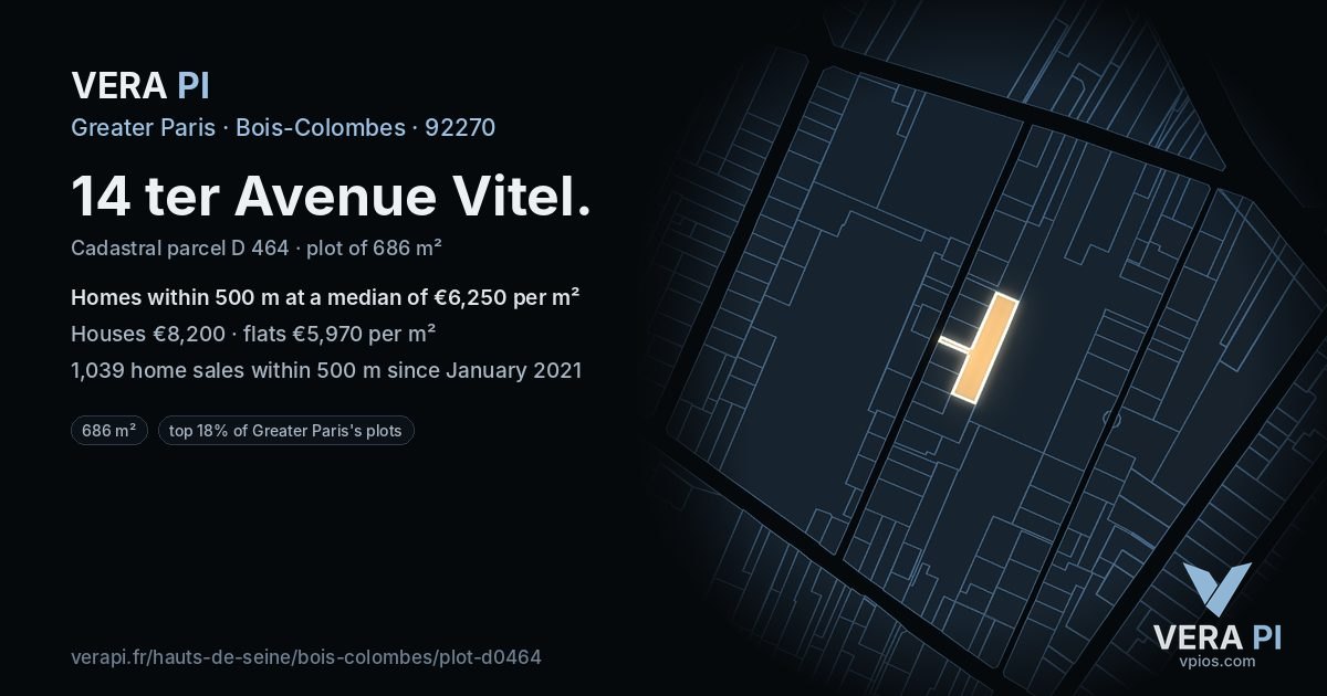 14 ter Avenue Vitel, Bois-Colombes at night – the plot lit, the parcels around coloured by the prices near them