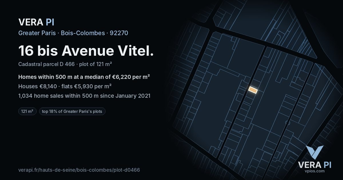 16 bis Avenue Vitel, Bois-Colombes at night – the plot lit, the parcels around coloured by the prices near them