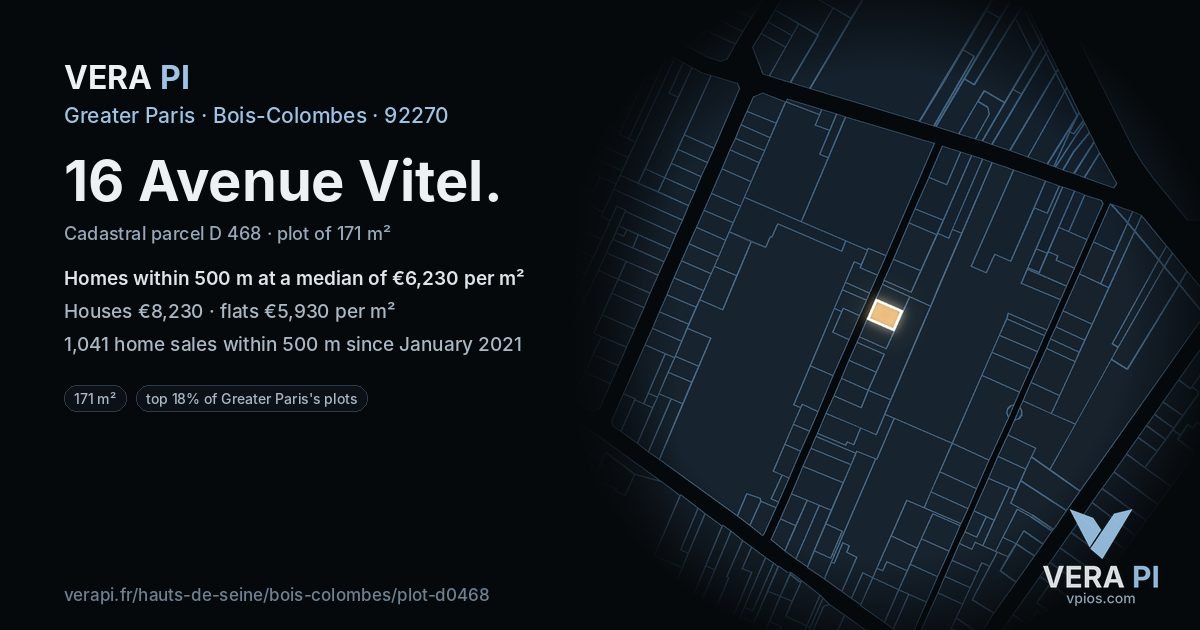 16 Avenue Vitel, Bois-Colombes at night – the plot lit, the parcels around coloured by the prices near them