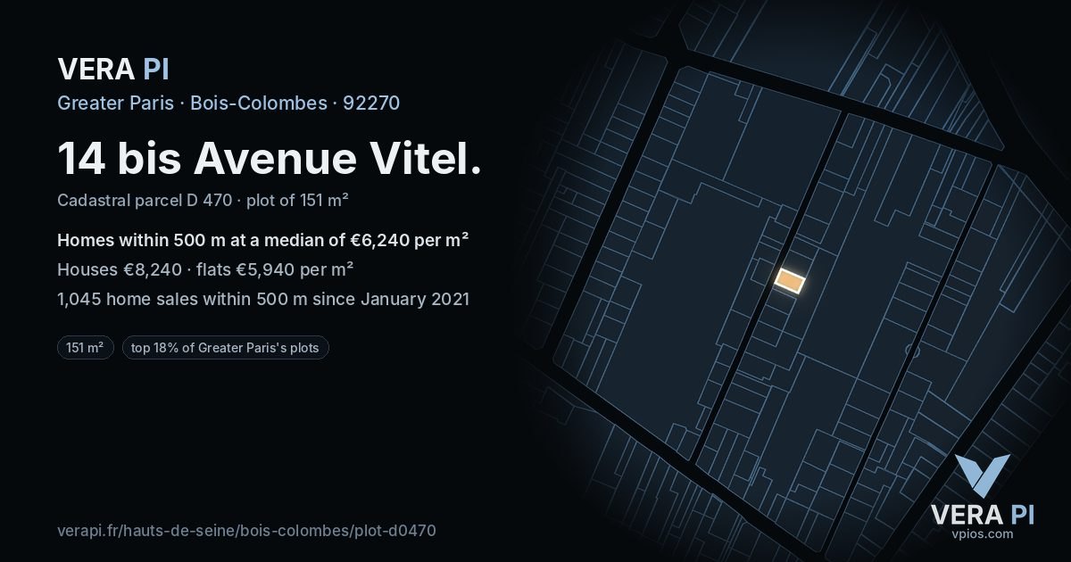 14 bis Avenue Vitel, Bois-Colombes at night – the plot lit, the parcels around coloured by the prices near them