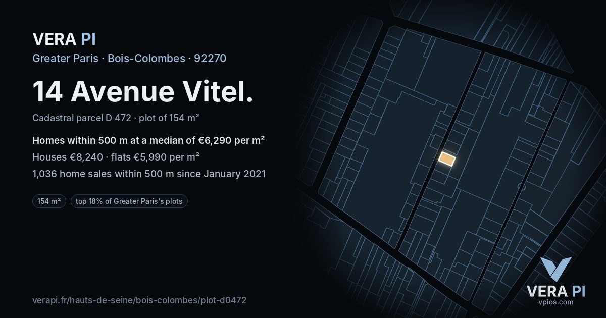 14 Avenue Vitel, Bois-Colombes at night – the plot lit, the parcels around coloured by the prices near them