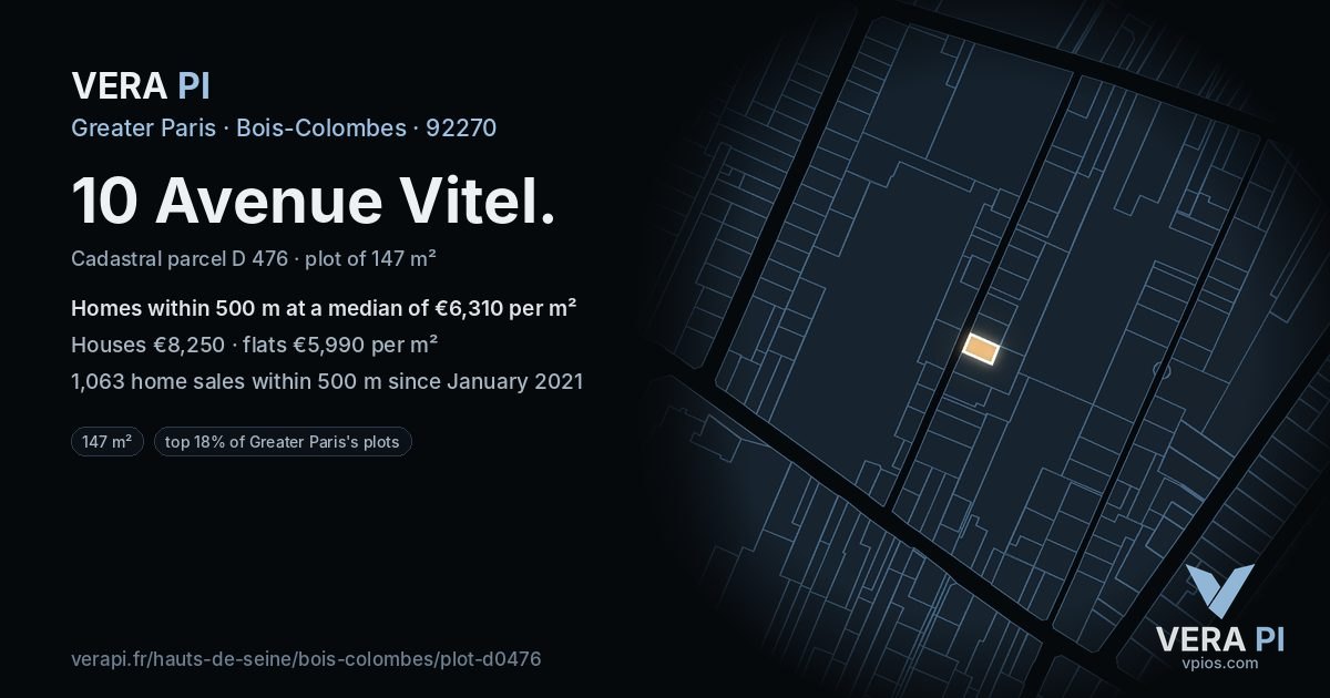 10 Avenue Vitel, Bois-Colombes at night – the plot lit, the parcels around coloured by the prices near them