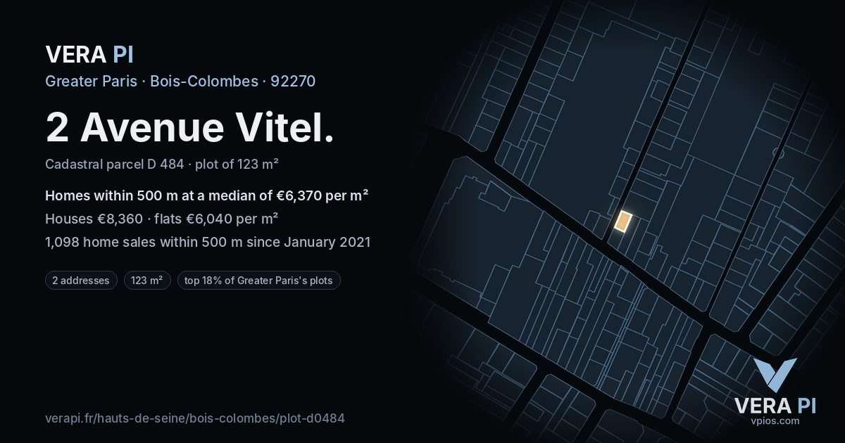 2 Avenue Vitel, Bois-Colombes at night – the plot lit, the parcels around coloured by the prices near them