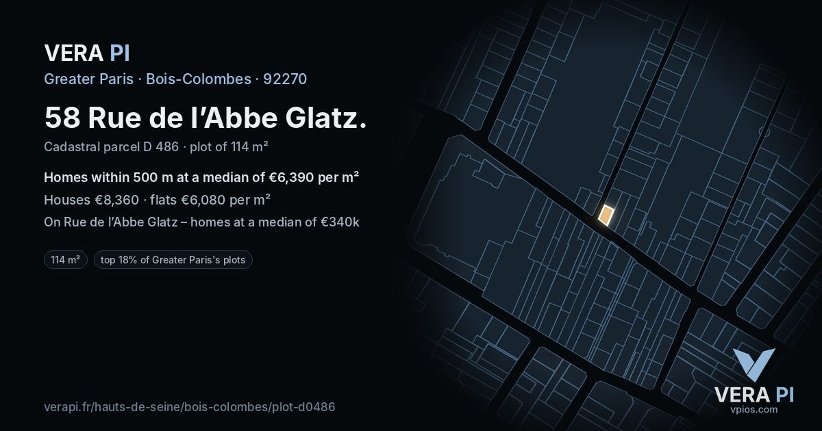 58 Rue de l’Abbe Glatz, Bois-Colombes at night – the plot lit, the parcels around coloured by the prices near them