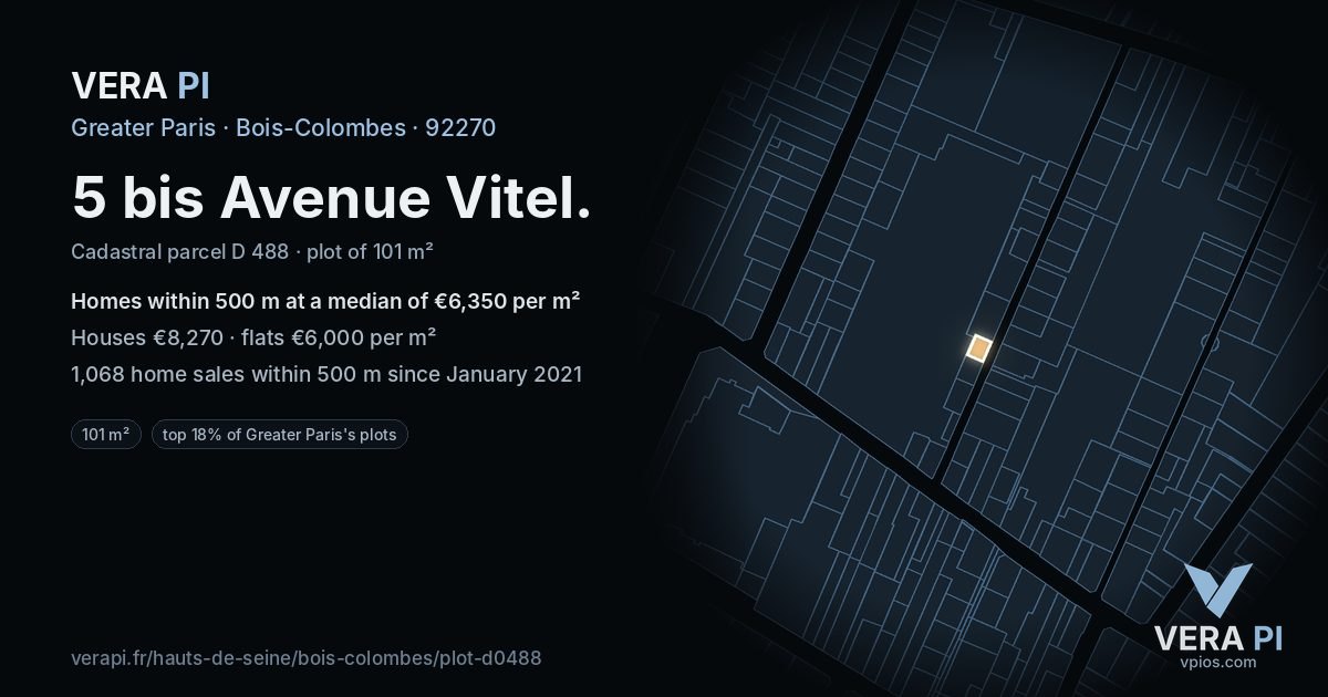 5 bis Avenue Vitel, Bois-Colombes at night – the plot lit, the parcels around coloured by the prices near them