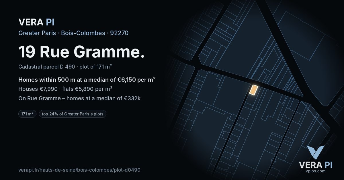 19 Rue Gramme, Bois-Colombes at night – the plot lit, the parcels around coloured by the prices near them