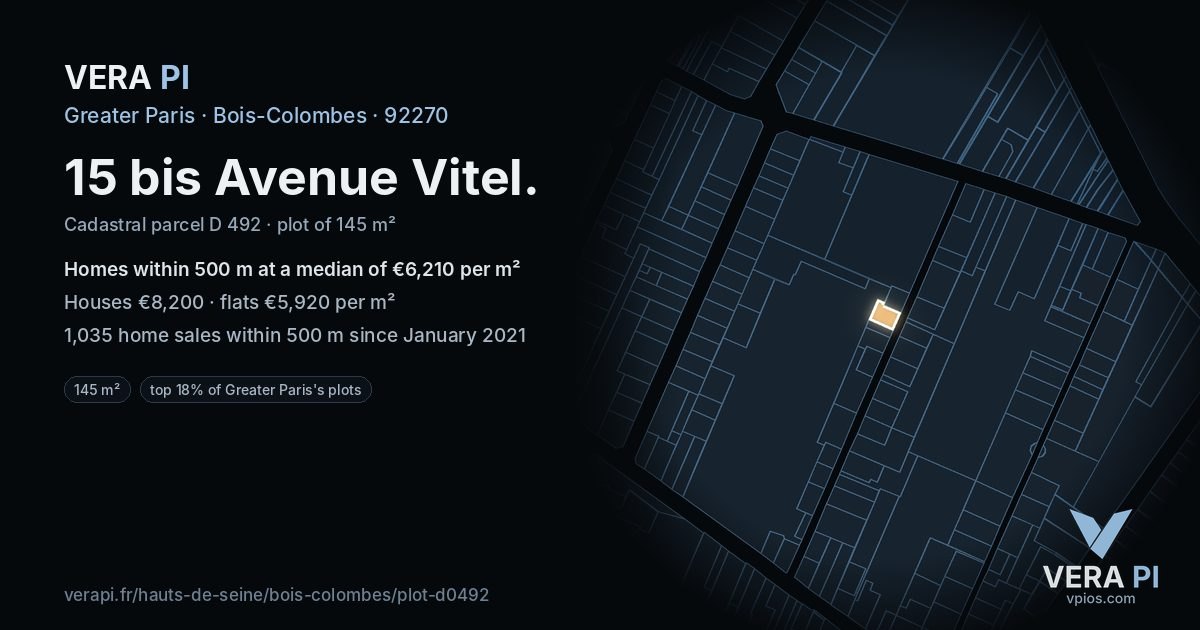 15 bis Avenue Vitel, Bois-Colombes at night – the plot lit, the parcels around coloured by the prices near them