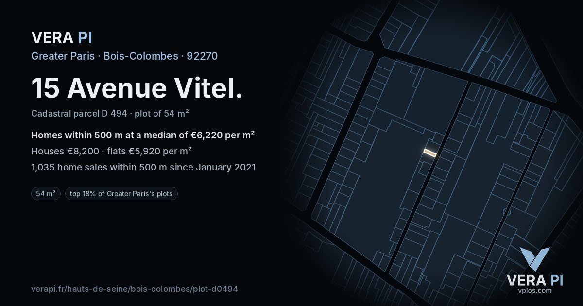 15 Avenue Vitel, Bois-Colombes at night – the plot lit, the parcels around coloured by the prices near them