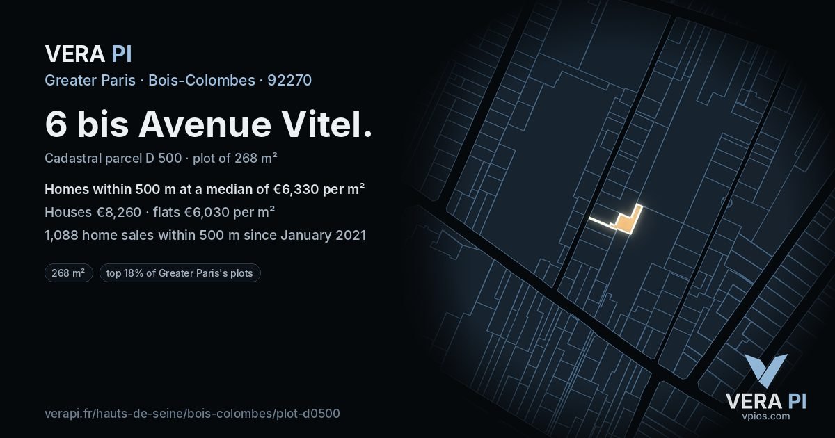 6 bis Avenue Vitel, Bois-Colombes at night – the plot lit, the parcels around coloured by the prices near them