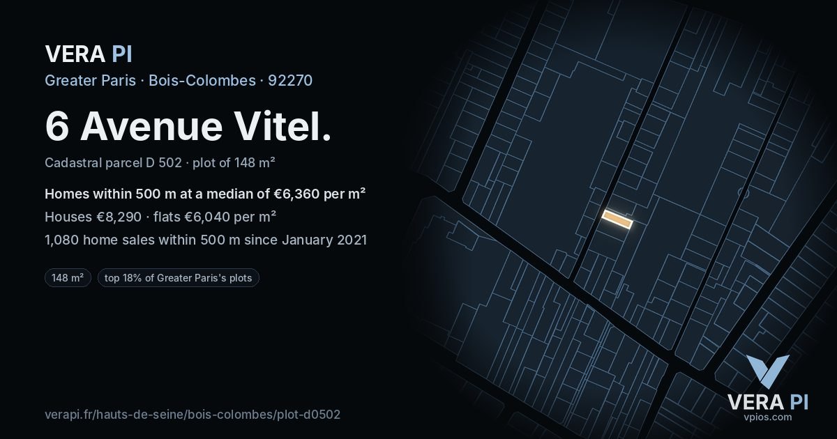 6 Avenue Vitel, Bois-Colombes at night – the plot lit, the parcels around coloured by the prices near them