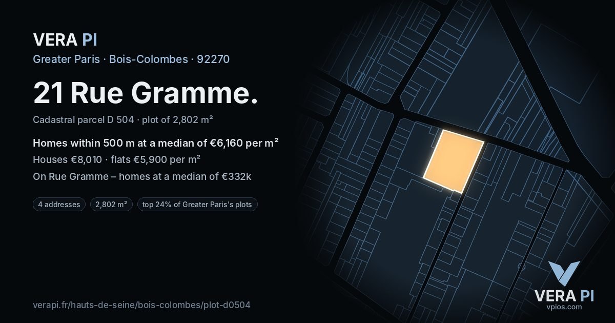 21 Rue Gramme, Bois-Colombes at night – the plot lit, the parcels around coloured by the prices near them