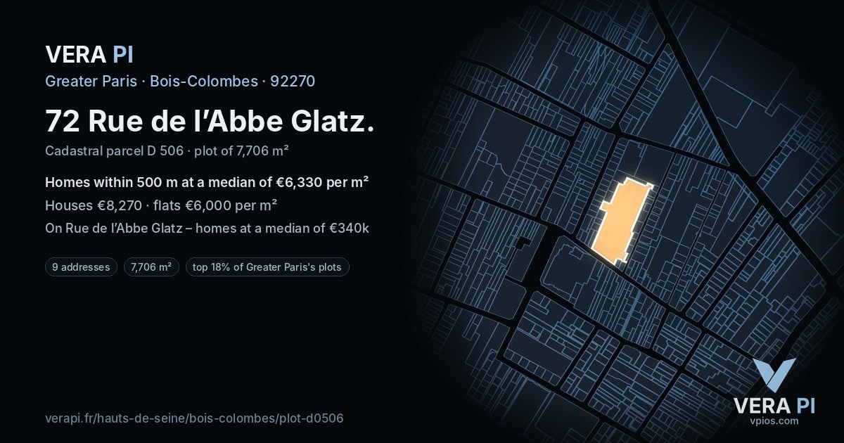 72 Rue de l’Abbe Glatz, Bois-Colombes at night – the plot lit, the parcels around coloured by the prices near them