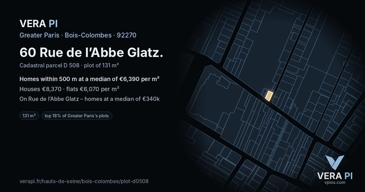 60 Rue de l’Abbe Glatz, Bois-Colombes at night – the plot lit, the parcels around coloured by the prices near them