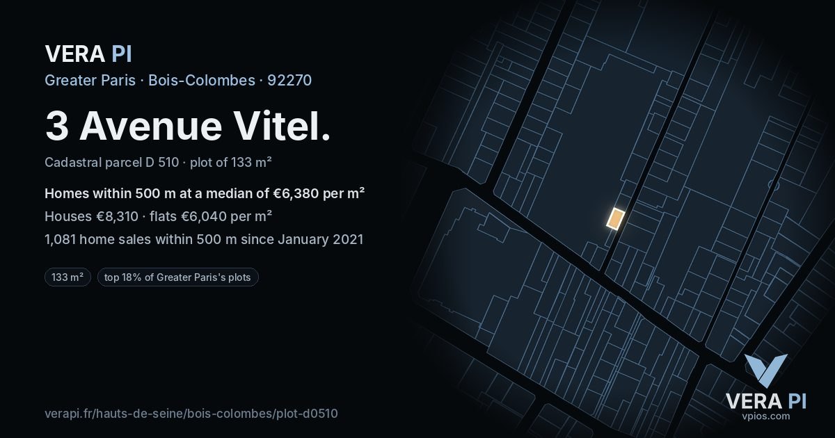 3 Avenue Vitel, Bois-Colombes at night – the plot lit, the parcels around coloured by the prices near them