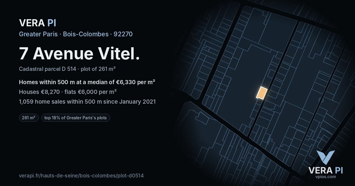 7 Avenue Vitel, Bois-Colombes at night – the plot lit, the parcels around coloured by the prices near them