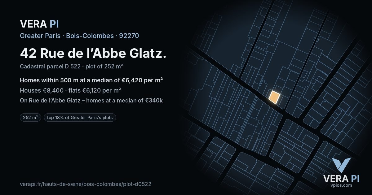 42 Rue de l’Abbe Glatz, Bois-Colombes at night – the plot lit, the parcels around coloured by the prices near them