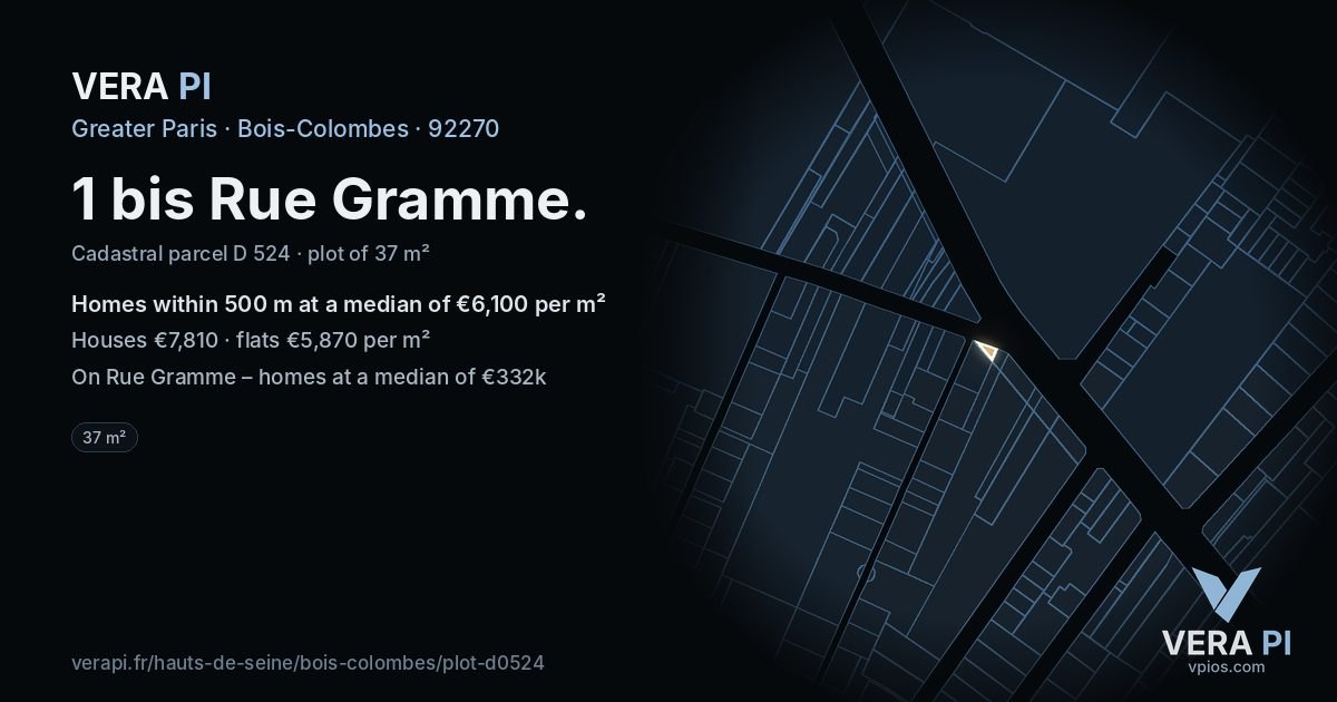 1 bis Rue Gramme, Bois-Colombes at night – the plot lit, the parcels around coloured by the prices near them