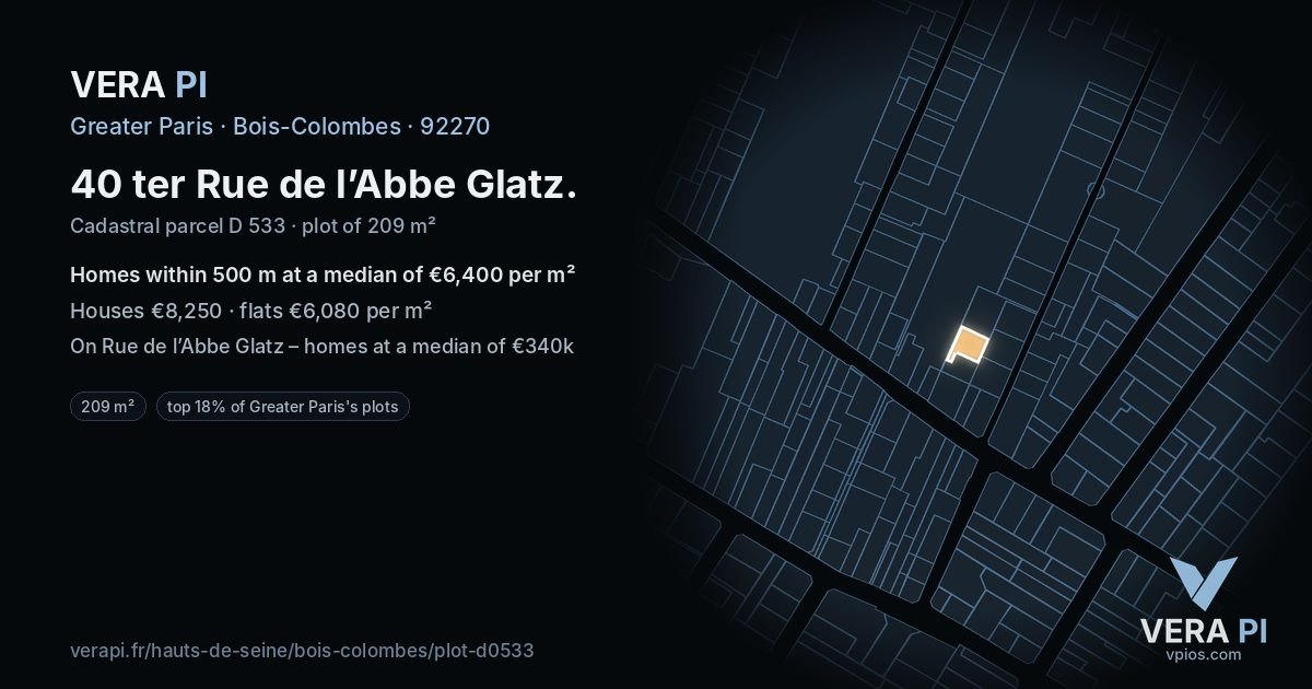 40 ter Rue de l’Abbe Glatz, Bois-Colombes at night – the plot lit, the parcels around coloured by the prices near them