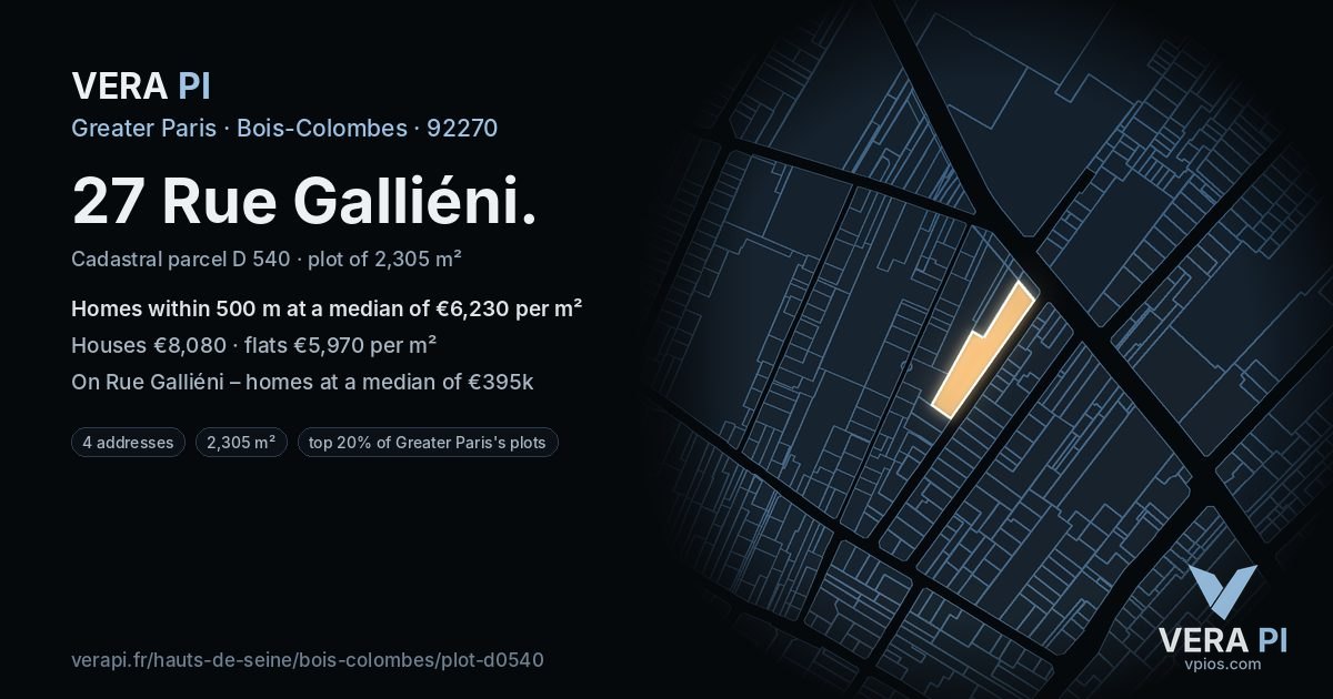 27 Rue Galliéni, Bois-Colombes at night – the plot lit, the parcels around coloured by the prices near them