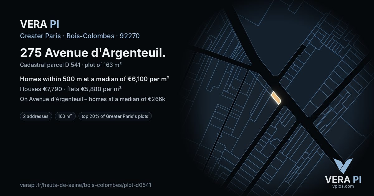 275 Avenue d'Argenteuil, Bois-Colombes at night – the plot lit, the parcels around coloured by the prices near them