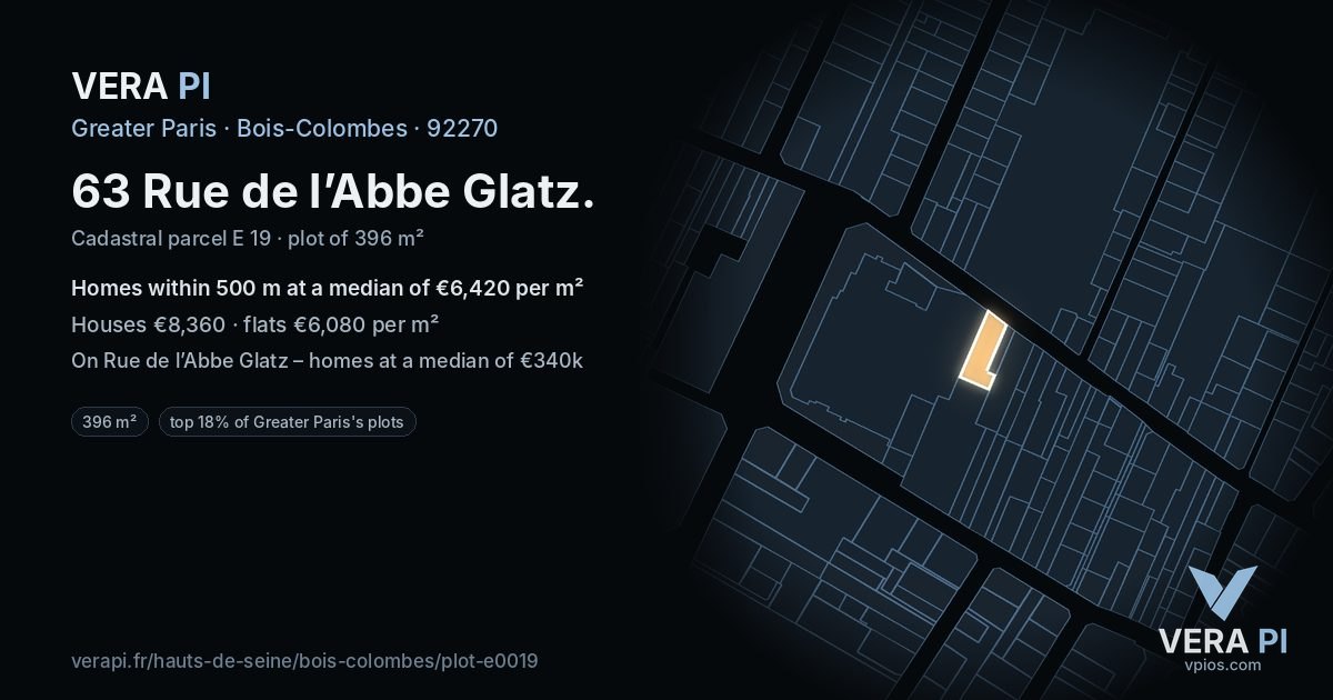 63 Rue de l’Abbe Glatz, Bois-Colombes at night – the plot lit, the parcels around coloured by the prices near them