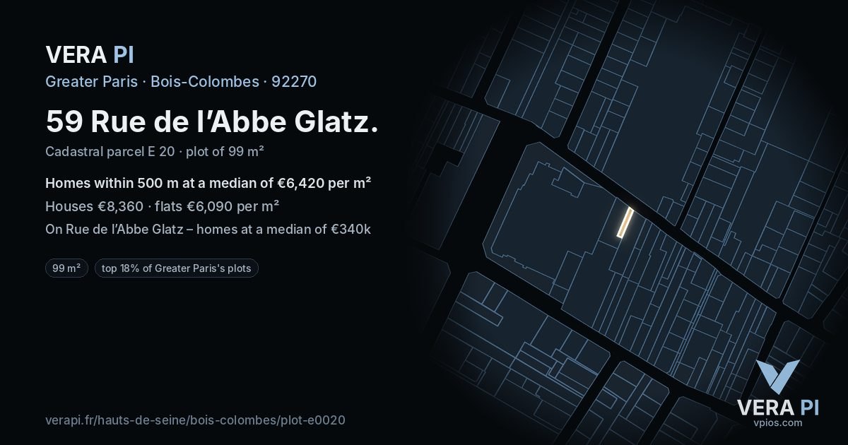 59 Rue de l’Abbe Glatz, Bois-Colombes at night – the plot lit, the parcels around coloured by the prices near them