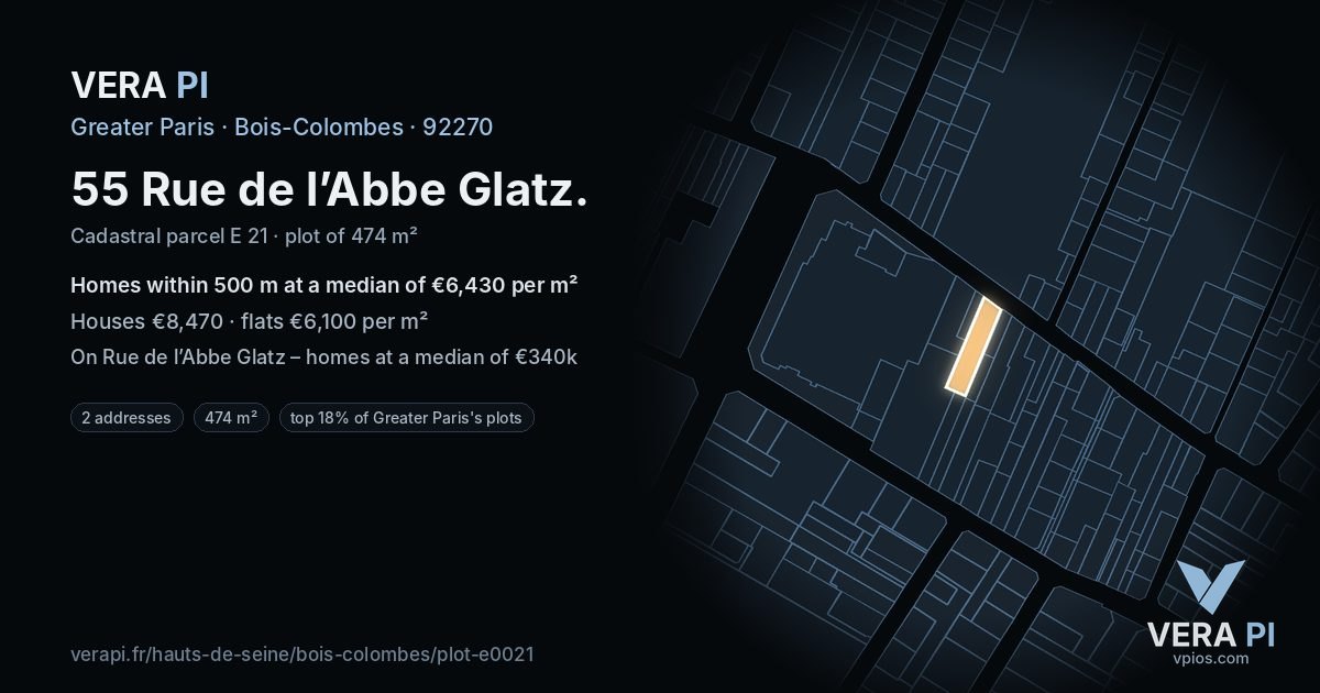 55 Rue de l’Abbe Glatz, Bois-Colombes at night – the plot lit, the parcels around coloured by the prices near them