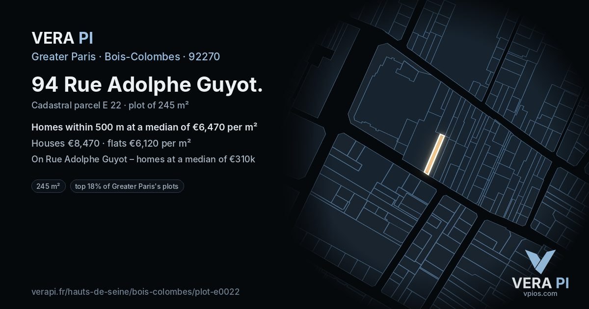 94 Rue Adolphe Guyot, Bois-Colombes at night – the plot lit, the parcels around coloured by the prices near them