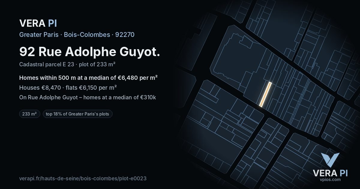 92 Rue Adolphe Guyot, Bois-Colombes at night – the plot lit, the parcels around coloured by the prices near them