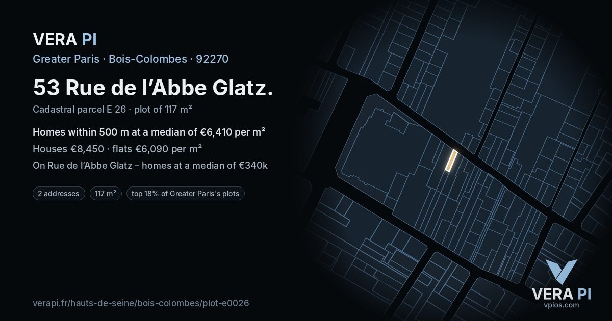 53 Rue de l’Abbe Glatz, Bois-Colombes at night – the plot lit, the parcels around coloured by the prices near them