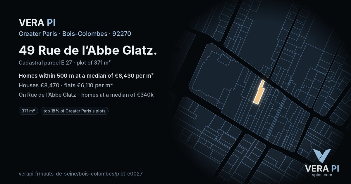 49 Rue de l’Abbe Glatz, Bois-Colombes at night – the plot lit, the parcels around coloured by the prices near them