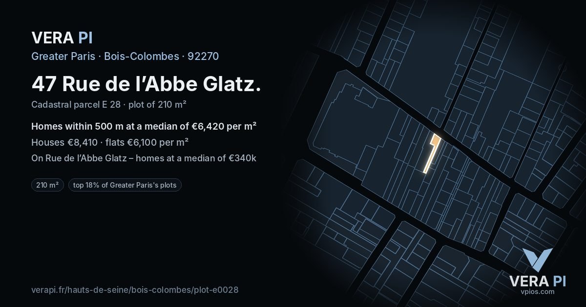 47 Rue de l’Abbe Glatz, Bois-Colombes at night – the plot lit, the parcels around coloured by the prices near them