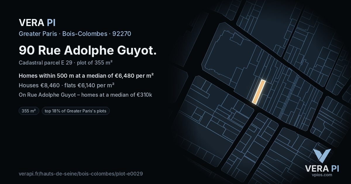 90 Rue Adolphe Guyot, Bois-Colombes at night – the plot lit, the parcels around coloured by the prices near them
