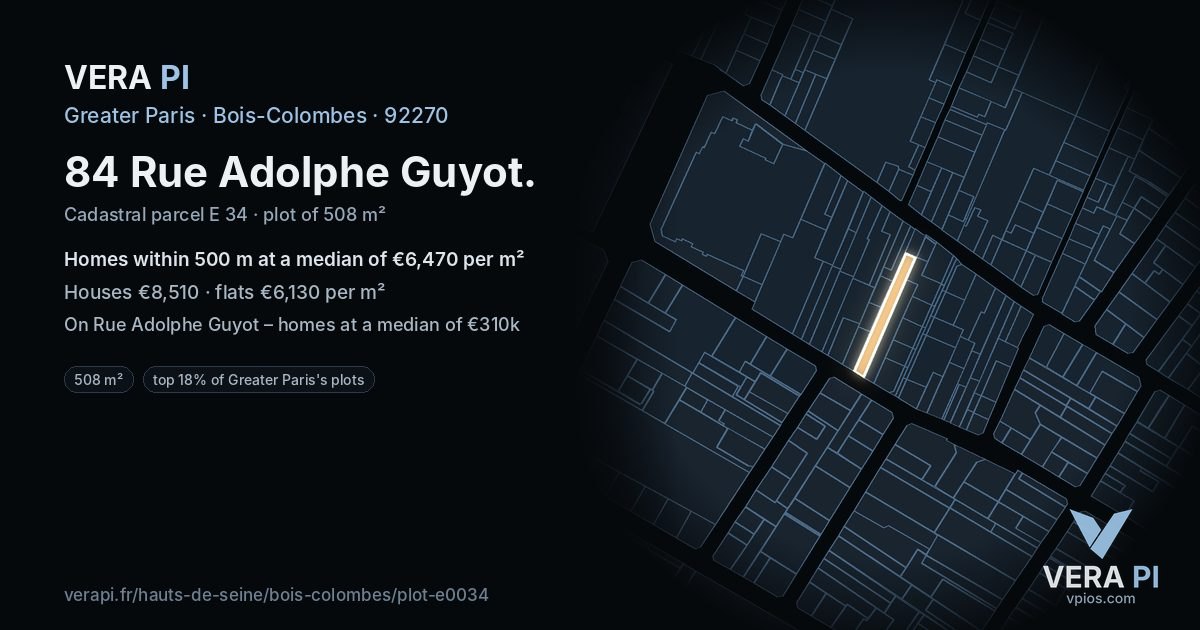 84 Rue Adolphe Guyot, Bois-Colombes at night – the plot lit, the parcels around coloured by the prices near them