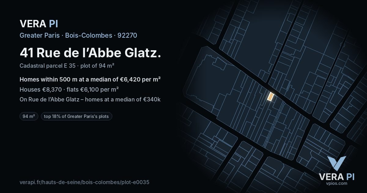 41 Rue de l’Abbe Glatz, Bois-Colombes at night – the plot lit, the parcels around coloured by the prices near them