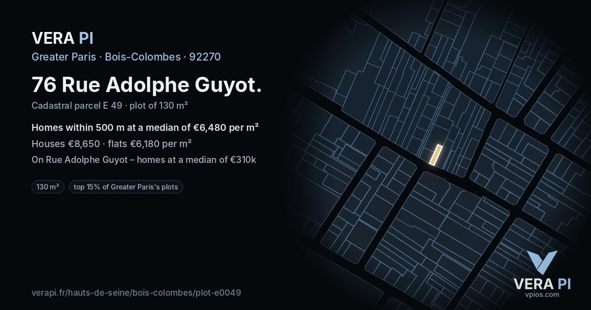 76 Rue Adolphe Guyot, Bois-Colombes at night – the plot lit, the parcels around coloured by the prices near them