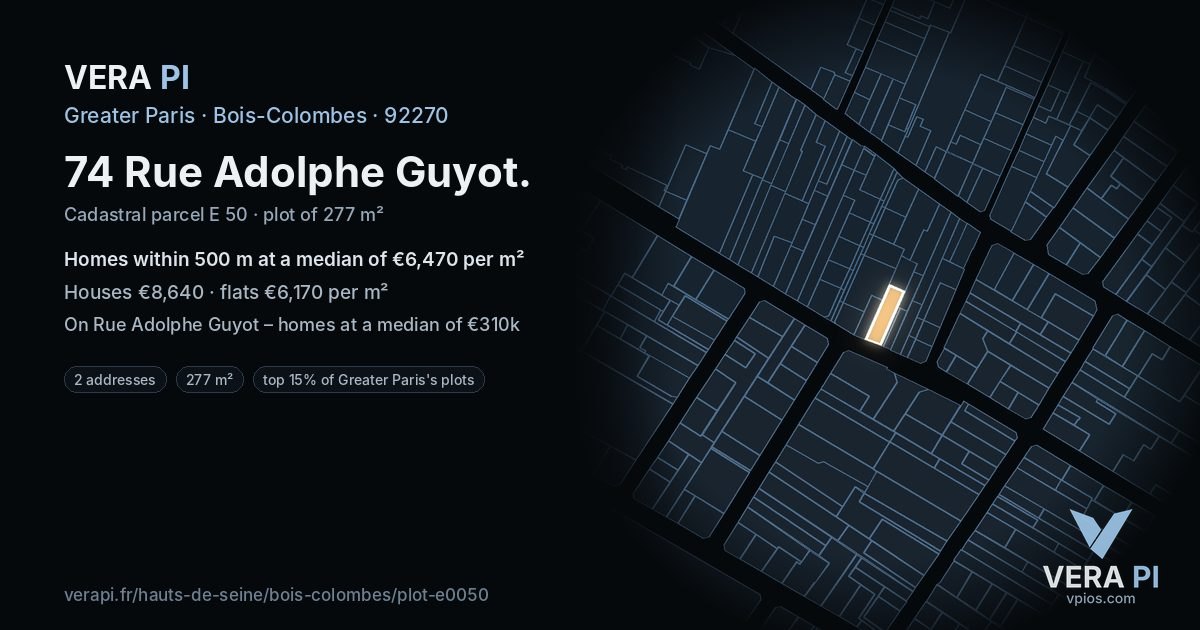 74 Rue Adolphe Guyot, Bois-Colombes at night – the plot lit, the parcels around coloured by the prices near them